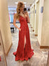 A Line Red V Neck Sequins Prom Dress with Slit LBQ4214
